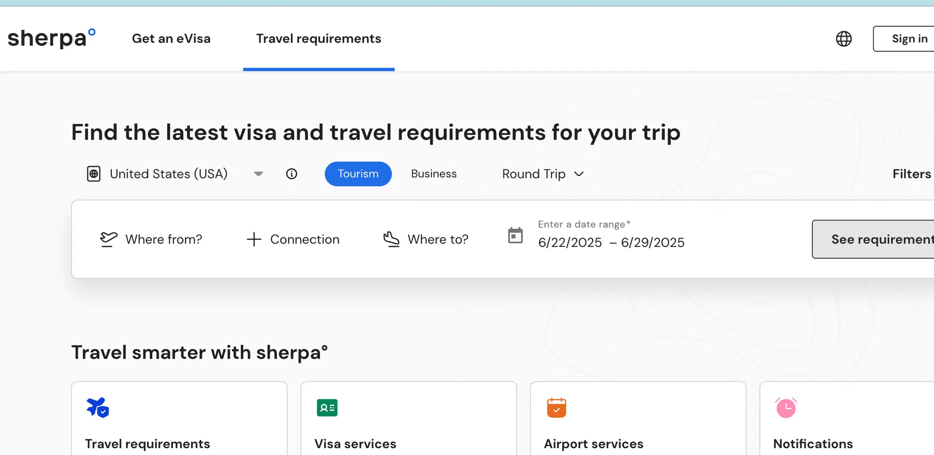 Sherpa app for travel and visa requirements